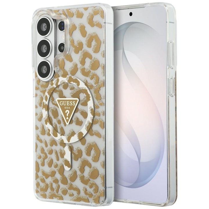 Carcasa Guess IML Leopard Print Triangle pentru Samsung Galaxy S26 Ultra, MagSafe, Transparenta/Maro
