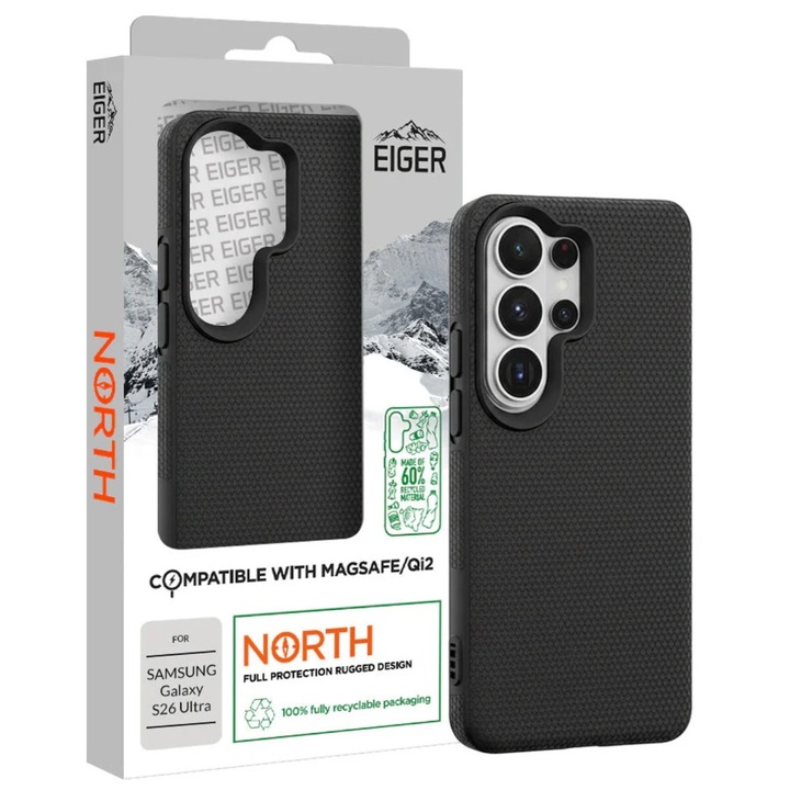 Husă Eiger North Magsafe GRS pentru Samsung Galaxy S26 Ultra, negru, protecție împotriva căzăturilor, material TPU x policarbonat