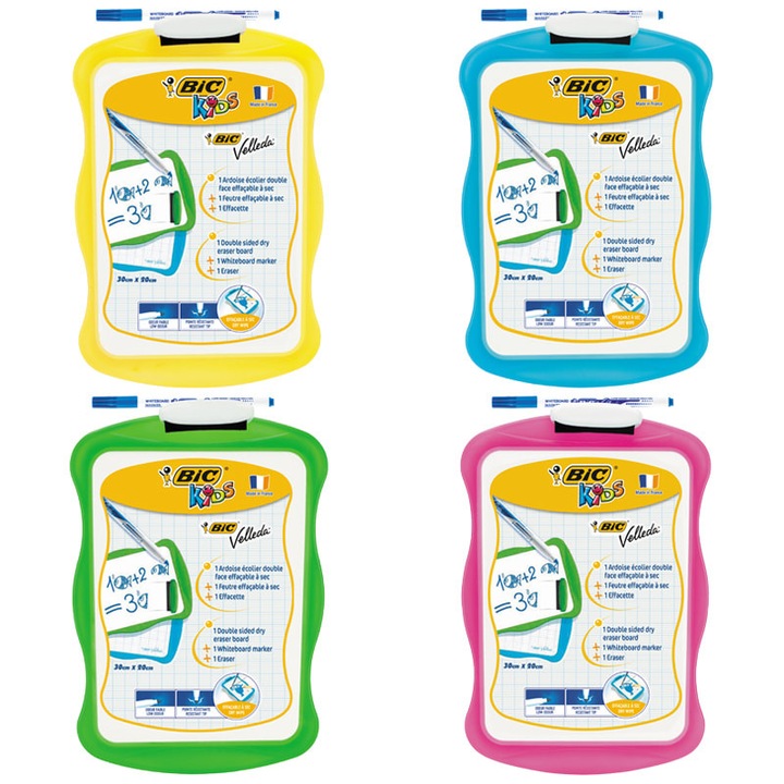 Tabla uscata BIC, 20x31cm, cu margine colorata, pentru desenat si scris, set cu marker