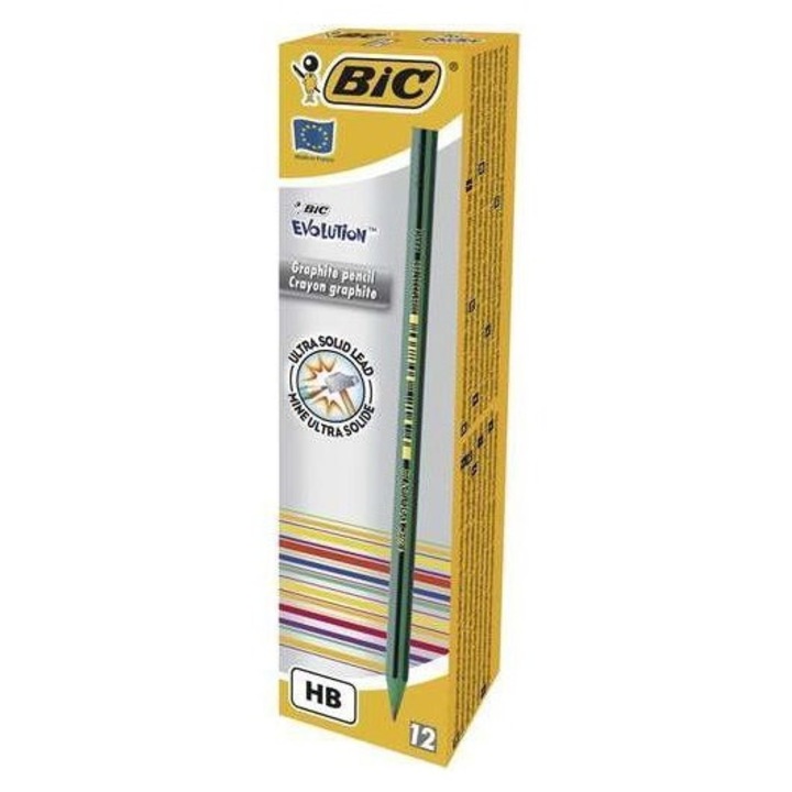 Creioane colorate BIC Evolution Stripes, set 12 buc, grafit HB, 2,3 mm, multicolor