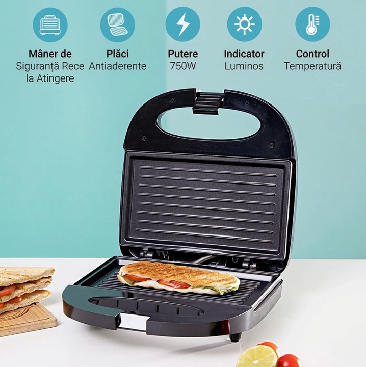 Sandwich Maker, 700W, placi grill antiaderente, indicator luminos, maner rece, sistem de inchidere cu clema, depozitare verticala compacta, negru