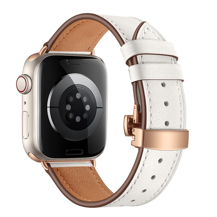 Curea compatibila cu Apple Watch Ultra 1/2/3 49mm, Series 10/11 46mm si Series 1–9/SE 42/44/45mm – piele naturala, catarama metalica, reglabila, unisex – Alb
