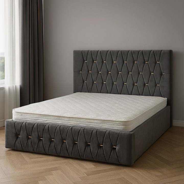 Pat tapitat Ana, suport saltea PAL, gri, 140x200cm, tapiterie catifea