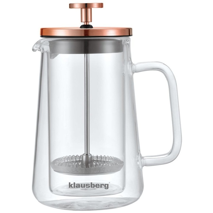 Aparat de cafea si ceai, Klausberg, KB-7723, 0, 35 l, presa franceza, sticla dubla, otel inoxidabil, sticla borosilicata, transparent/auriu roz, usor de curatat, lavabil in masina de spalat