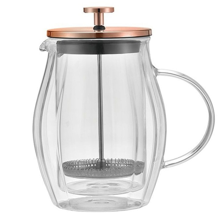 Aparat de cafea si ceai, Klausberg, KB-7722, 600 ml, Presa franceza, Sticla dubla, Otel inoxidabil, Sticla borosilicata, Transparent/Auriu roz, Usor de curatat, Se poate spala in masina de spalat