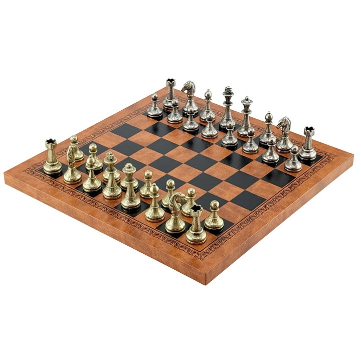 Set de sah Italfama Mignon Fiorito, metal, tabla din piele ecologica, 26x26cm, culoare maro/negru