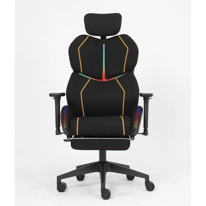 Scaun Gaming TOP SCAUNE®, Scaun Gaming Cu LED RGB Integrat, Suport Picioare Retractabil, Cotiere 3D Reglabile, Mecanism Multifunctional, Tapiterie Textil Respirabila, Baza Nylon Rezistenta, Negru/Galben