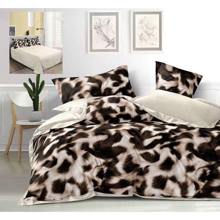 Спално бельо за двойно легло Finet Gros 6 части, NufJoy®, Долен чаршаф 230x250 см, чаршаф за завивка 200x230 см, 2 калъфки за възглавници 70x70 см, 2 калъфки за възглавници 50x70 см, Кремав принт