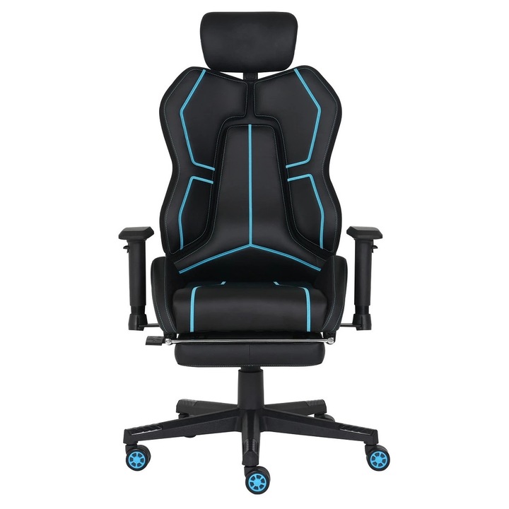 Scaun Gaming, TOP SCAUNE®, Scaun Gaming Ergonomic, Scaun Gaming Cu Suport Picioare Rabatabil, Cotiere 2D Reglabile, Mecanism Multifunctional, Piston Gaz Class 3, Tapiterie PU Rezistenta, Baza Nylon Solida, Negru/Albastru