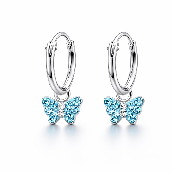 Cercei Fetite Boutique 23 Argint 925 Hipoalergenici Butterfly Blue XS, cercei argint delicati pentru copii, cercei copii in forma de fluture, cercei fetite argintiu, cercei argint usor de purtat zilnic, cutie bijuterii inclusa, albastrii