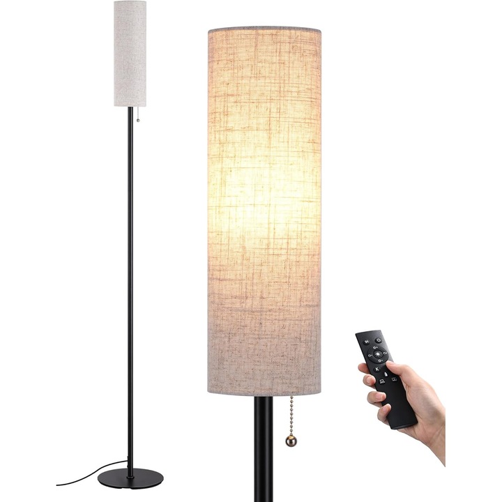 Lampa de podea cu reglare graduala, Soclu E27 – Reglabila 2700K–6000K, Dimabila 10–100%, telecomanda magnetica, 165 cm Inaltime, Neagra cu Abajur Cilindric din In Bej