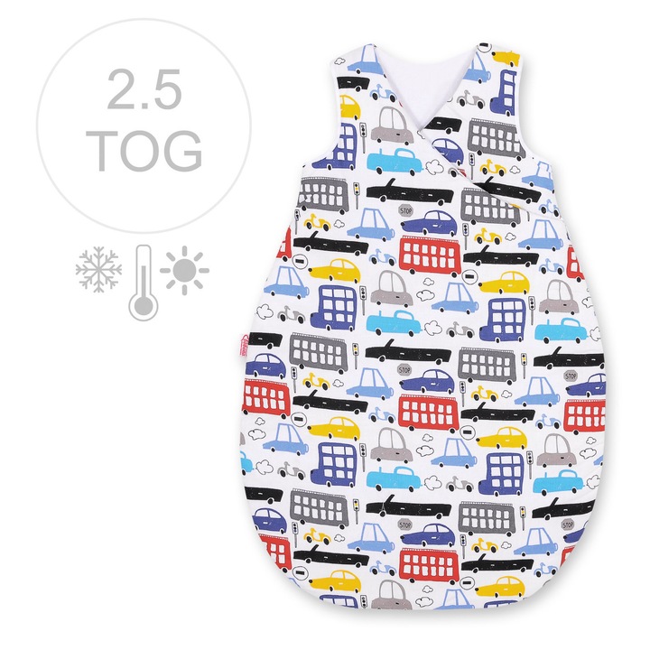 Sac de dormit Bobono, model colorat cu masini, 75 cm, TOG 2,5, bumbac, calduros, pentru bebelusi.