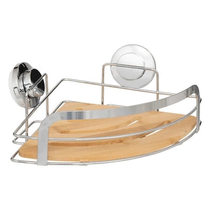 Etajera de colt pentru baie FIVE, cu ventuze, bambus si metal, argintiu