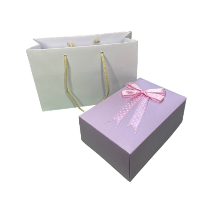 Set pentru cadou cutie si punga - Nicas - cutie carton mov cu bentita diverse culori 8, 5x13x5 cm - punga cadou 18x12x6 cm - Tip i1 + S3