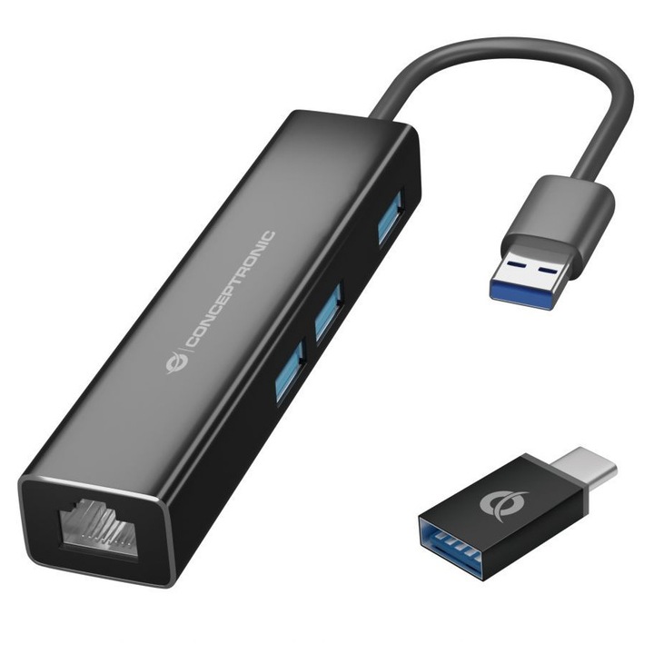 USB към Gigabit мрежов адаптер, Conceptronic, DONN07BA, 3 USB-A порта, черен