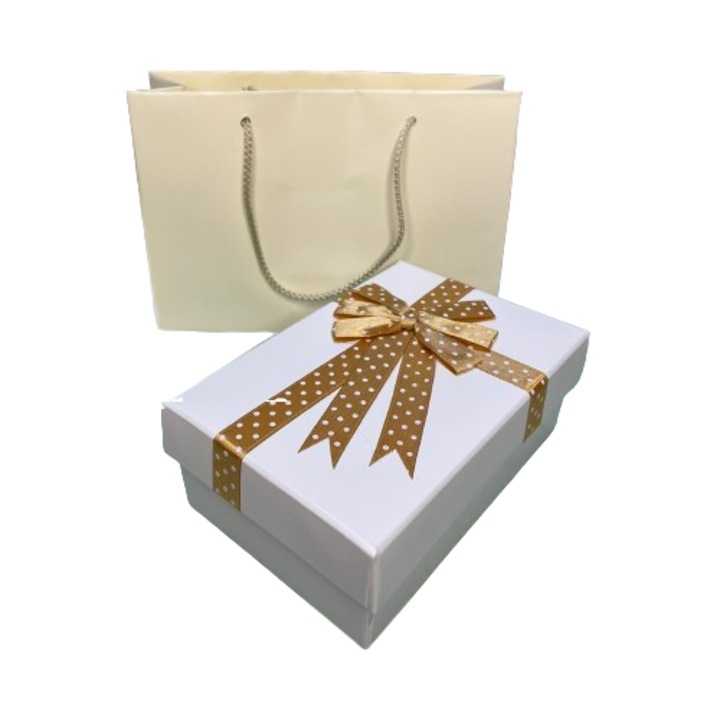 Set pentru cadou cutie si punga - Nicas - cutie carton alb cu bentita auriu 8, 5x13x5 cm - punga cadou 18x12x6 cm - Tip i1 + S3