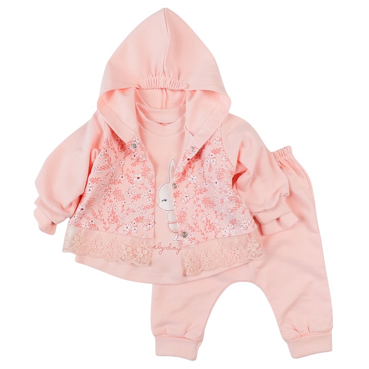 Compleu 3 piese pentru fetite, model cu Iepuras, coral 9779