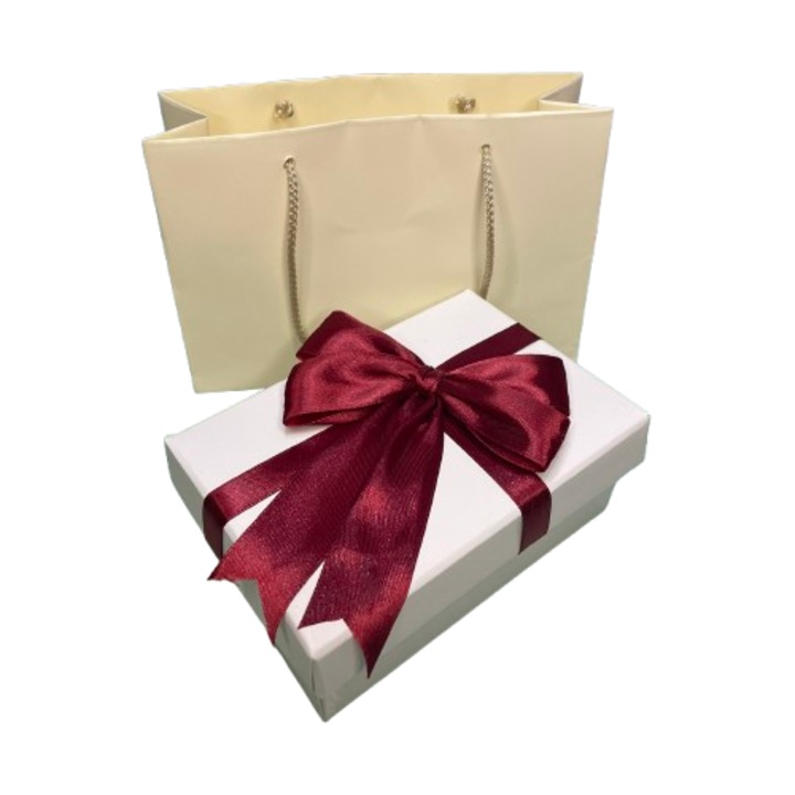 Set pentru cadou cutie si punga - Nicas - cutie carton alb cu bentita visiniu 8, 5x13x5 cm - punga cadou 18x12x6 cm - Tip i1 + S3