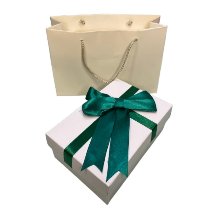 Set pentru cadou cutie si punga - Nicas - cutie carton alb cu bentita verde 8, 5x13x5 cm - punga cadou 18x12x6 cm - Tip i1 + S3