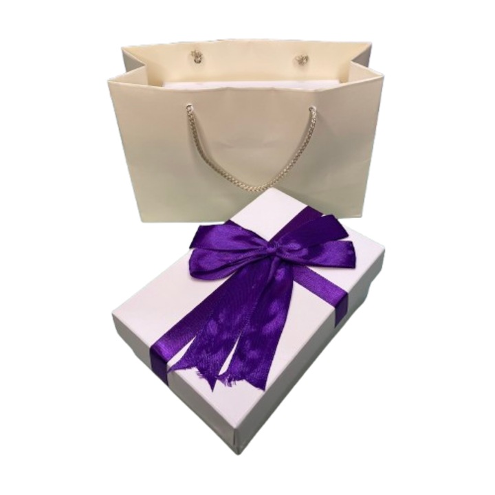 Set pentru cadou cutie si punga - Nicas - cutie carton alb cu bentita mov 8, 5x13x5 cm - punga cadou 18x12x6 cm - Tip i1 + S3