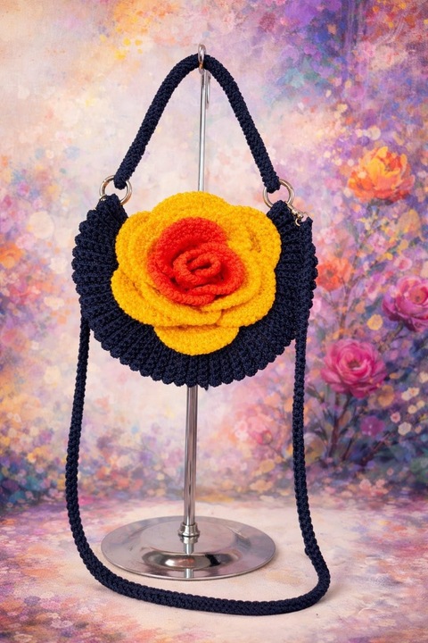 Rózsás táska, horgolt, sötétkék, sárga, narancssárga