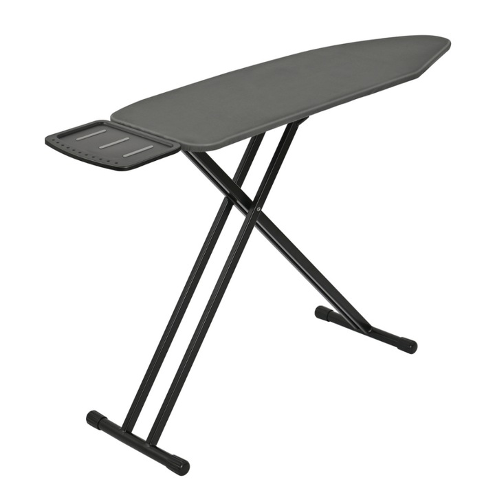 Masa de calcat, Kinghoff, KH-1940, 122x38 cm, 7 niveluri de ajustare a inaltimii, plasa de otel, husa 100% bumbac, umplutura dubla, suport pentru fier de calcat, grafit, setul include masa cu husa, cadru de otel, strat anticoroziv, picioare transversale
