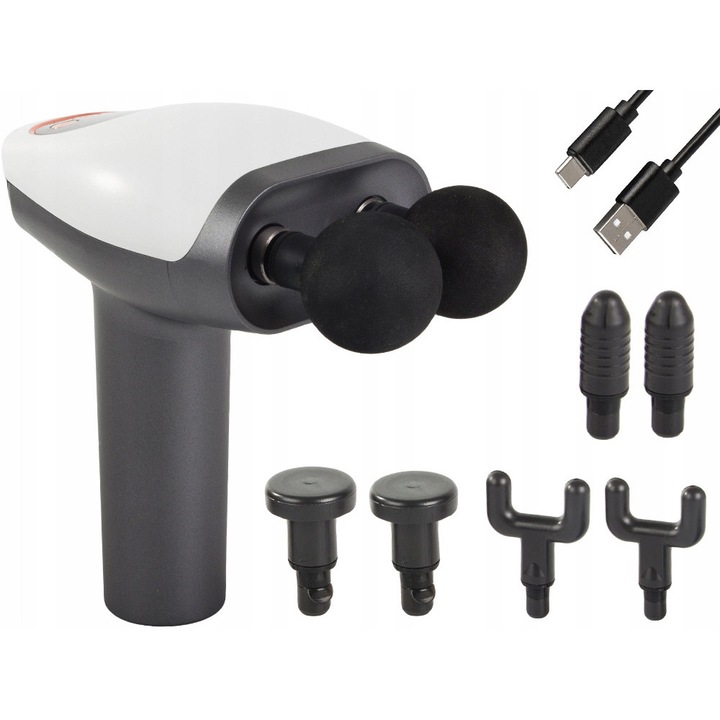 Aparat de masaj LCD fara fir, 8 capete interschimbabile, 10 viteze, ecran LED, baterie USB-C, 24W, ergonomic, alb