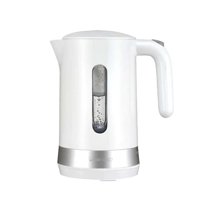 Fierbator apa Clatronic, 1.8 litri, baza rotativa 360°, operare fara fir, oprire automata/manuala, iluminare buton on/off, 2 marcaje de siguranta min./max., capac cu inchidere automata, filtru lavabil anti-calcar, neutralizare mirosuri, 2200 W, alb