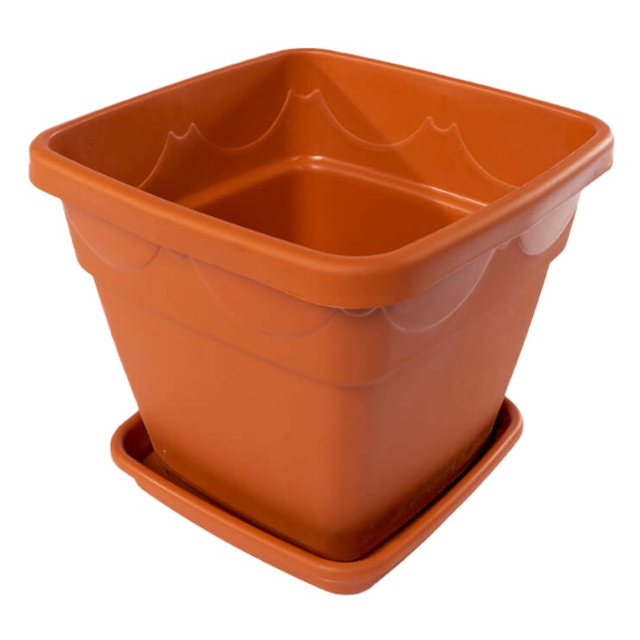 Ghiveci patrat cu tava, maro teracota, plastic, Dimensiuni: Φ= 18 cm, h= 15 cm