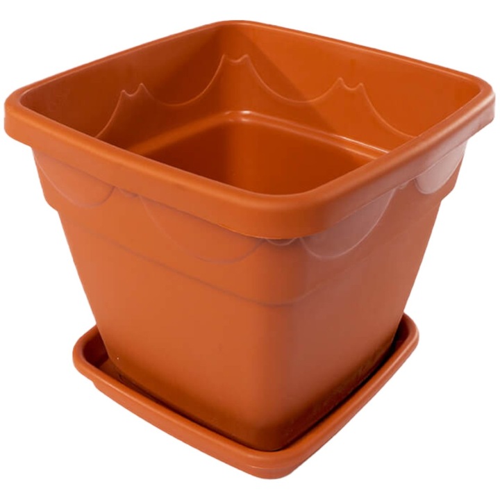 Ghiveci patrat cu tava, maro teracota, plastic, Dimensiuni: Φ= 21 cm, h= 18 cm