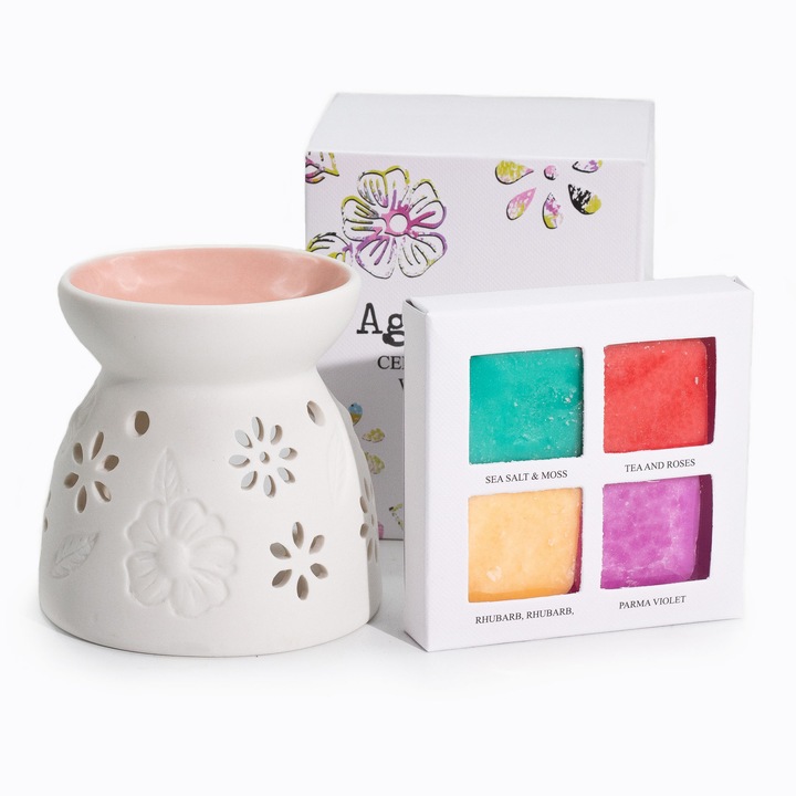 Set Cadou Aromaterapie – Lampa Ceramica cu Design Floral + 4 Pastile de Ceara Parfumata din Soia, Agnes+Cat, 430g