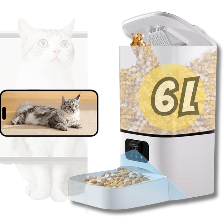 Hranitor Automat Inteligent pentru Animale IdealTI®, Cu Control Din Aplicatie, Volum 6 L, Camera Video, Night Vision, Include Audio Bidirectional, Programare Mese, Sigiliu pentru Prospetime, Baterie de Rezerva