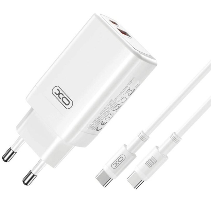 Incarcator retea XO CE17, 1x USB-C, 1x USB-A, 65W, cablu USB-C - USB-C, alb