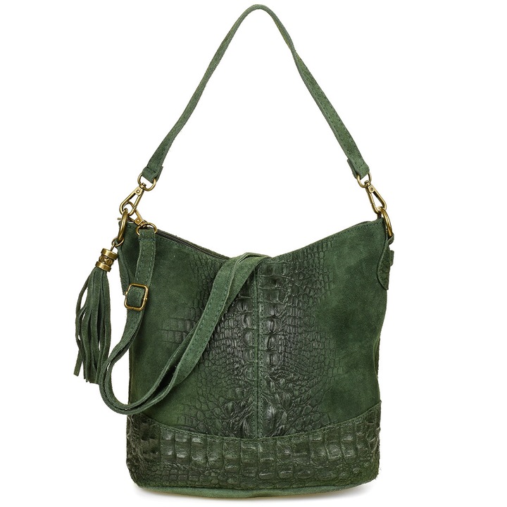Geanta din piele naturala, Vera Pelle, model CROCO, 2 manere, verde inchis, dimensiuni 26x26-30x15cm