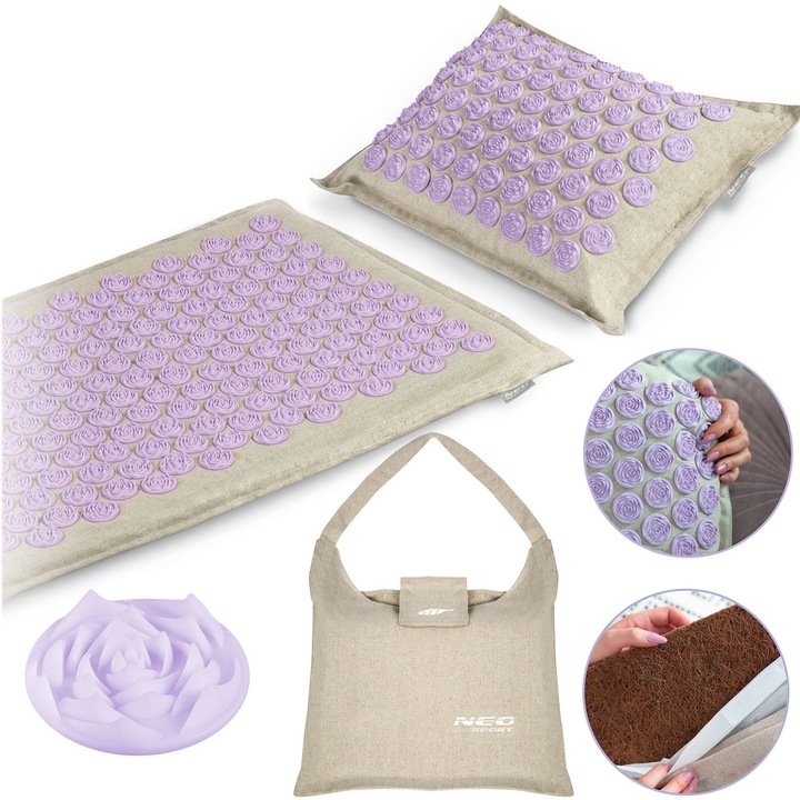 Saltea de antrenament cu colti, set cu perna si torba, 70x44x3cm, 44x30x13cm, multicolor