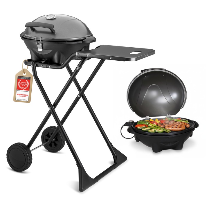 Gratar electric TZS First Austria 2 in 1, 2400W, negru inox, 44x33.5cm, 81cm