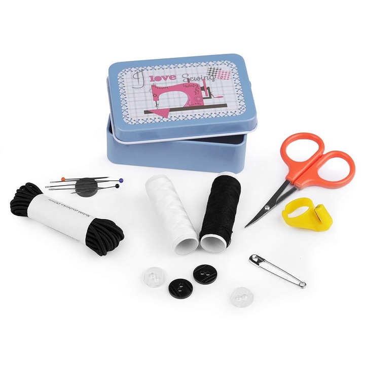 Set de cusut, Kufer, cutie metalica, 2 m fire, 6,5x9cm