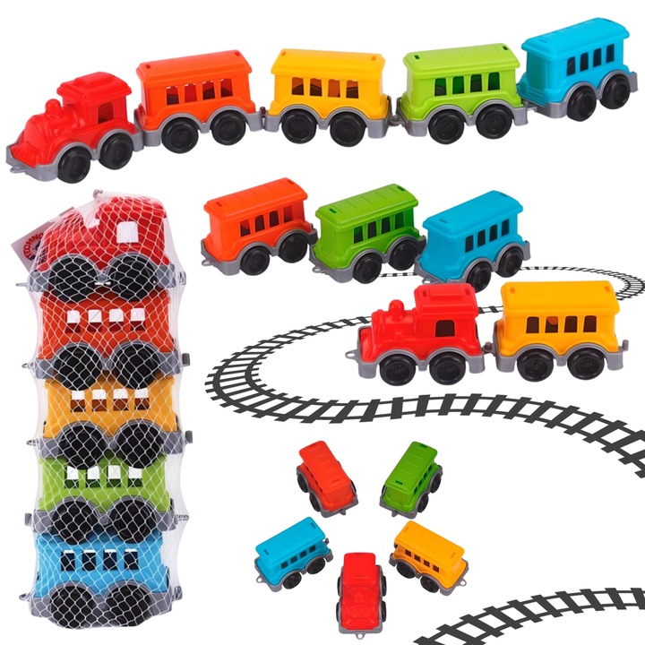 Trenulet de jucarie, Technok, set cu vagoane colorate, 3+ ani, multicolor
