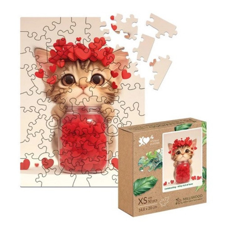 Дървен пъзел XS 50 части, коте, многоцветен