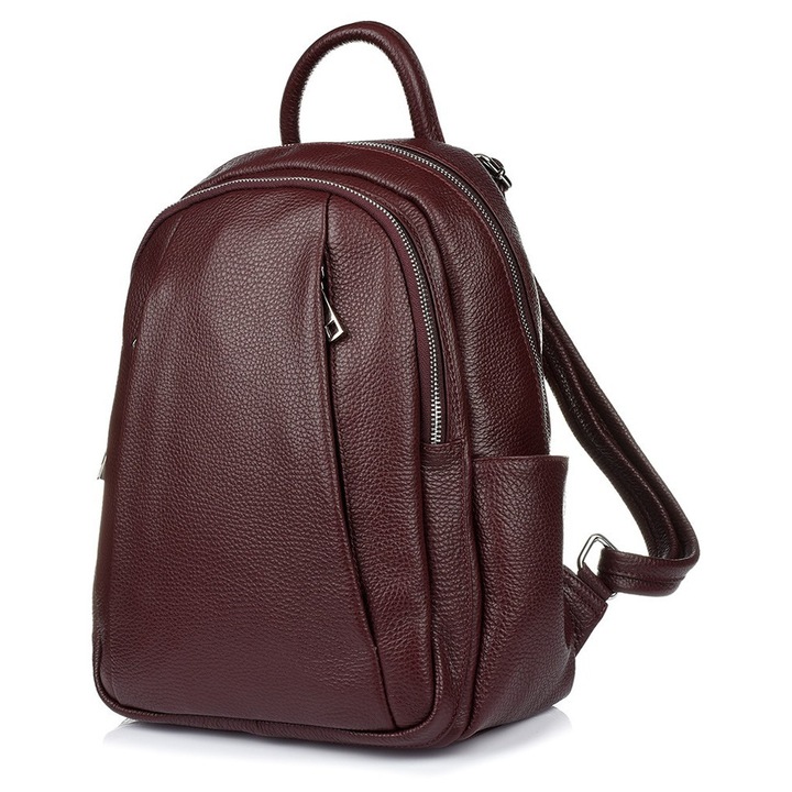 Дамска раница, Vera Pelle, от естествена кожа, вишневочервена, 27x17см, с много джобове