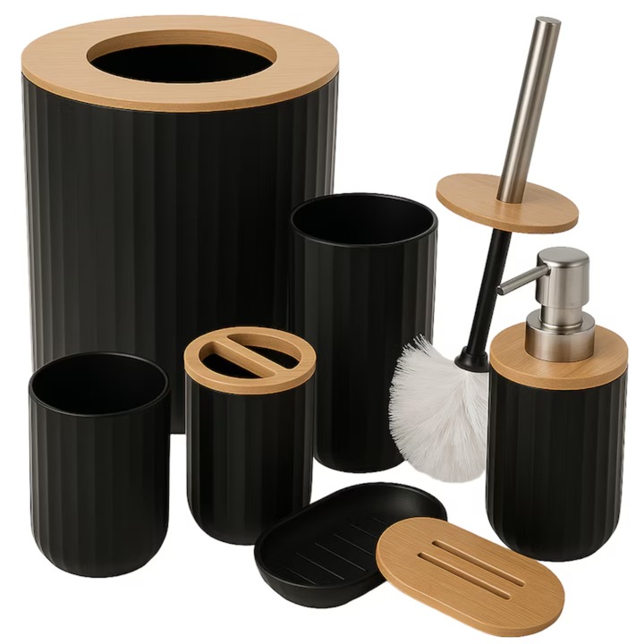 Set Accesorii Baie Premium din Bambus Simply Joy, Set 6 piese, design modern, Cos de Gunoi, Dozator de Sapun Lichid, Pahar Pentru Periuta Dinti, Savoniera, Perie Wc cu Suport, Pahar, Organizator baie complet cu striatii, Negru