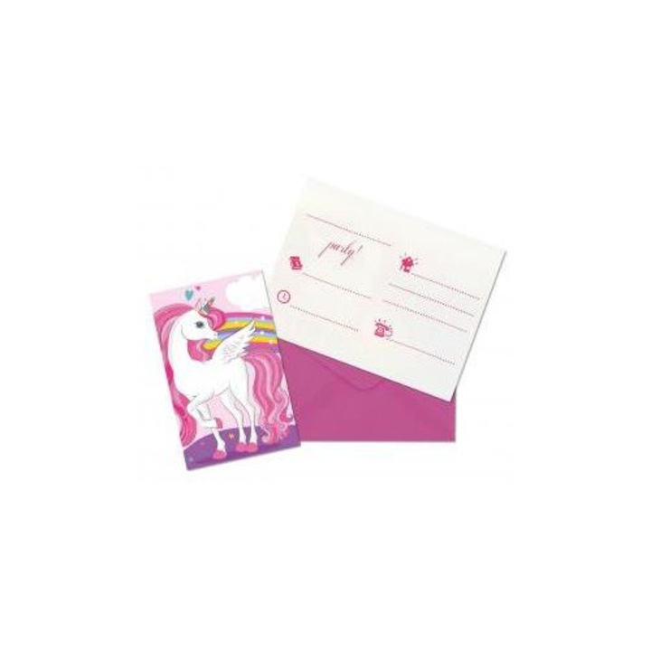 Set de 6 invitatii cu plicuri, unicorn colorat