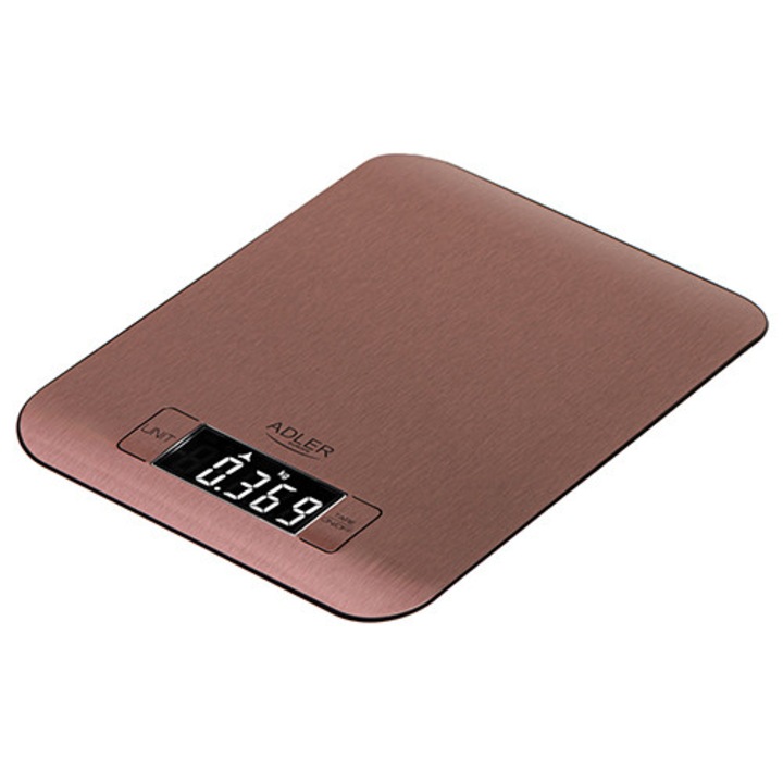 Cantar de bucatarie Adler AD 3183, 5 kg, cu ecran LCD, cupru, platforma 22x16.3cm