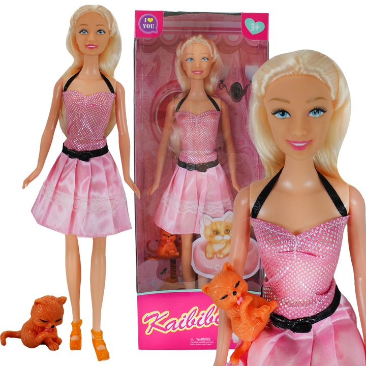 Set papusi cu pisicuta, Ciuciubabka, 29 cm, par lung, rochie cu funda, multicolor