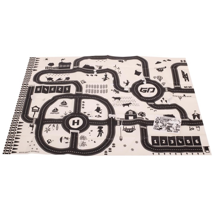 Covor de joaca pentru copii, Luka, oras cu strazi si semne de circulatie, waterproof, crem-negru, 130x100cm, set complet