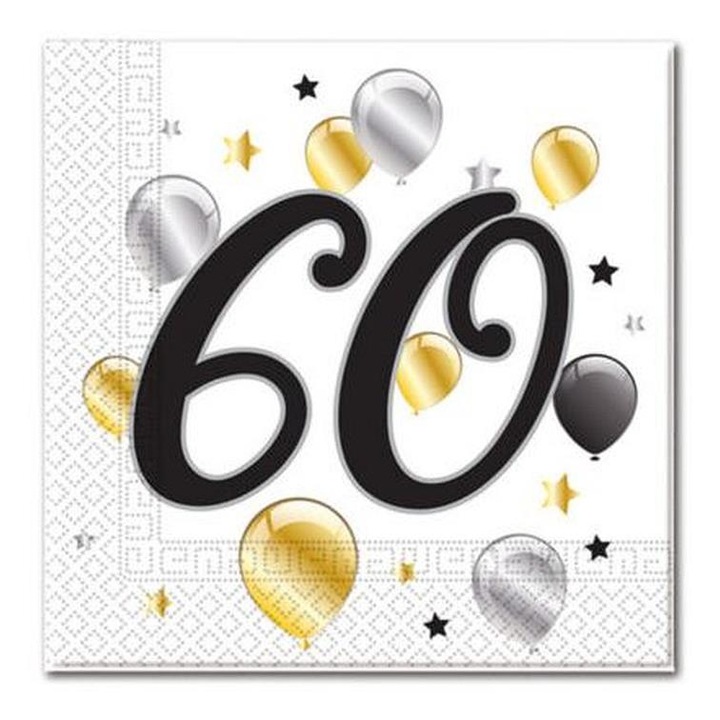 Servetele de hartie set 20 buc, model 60 ani, baloane aurii si argintii, 33x33cm