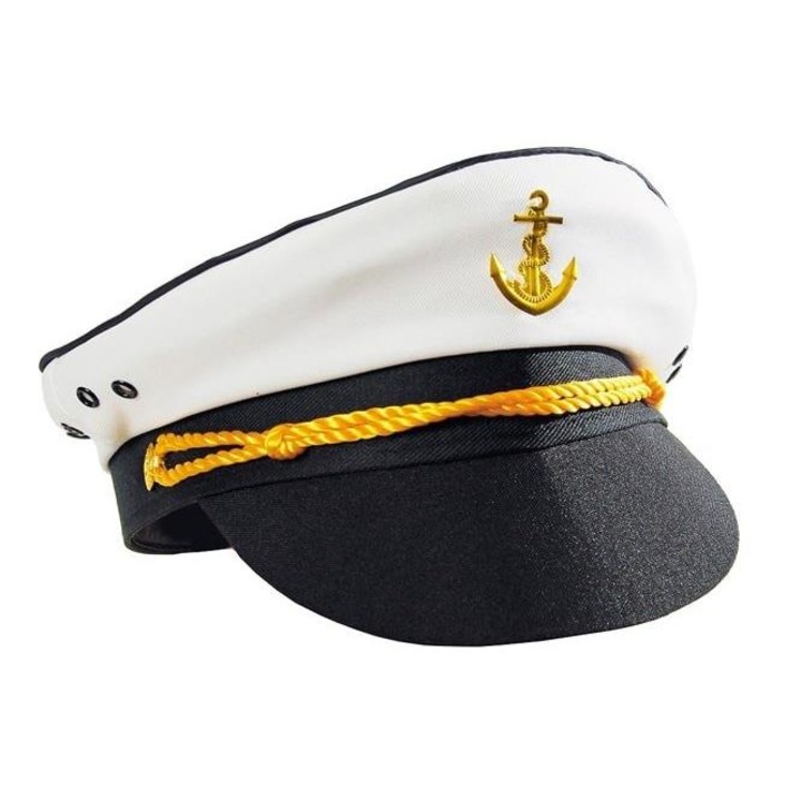 Черно-бяла капитанска шапка, 60 см, с котва и златни детайли