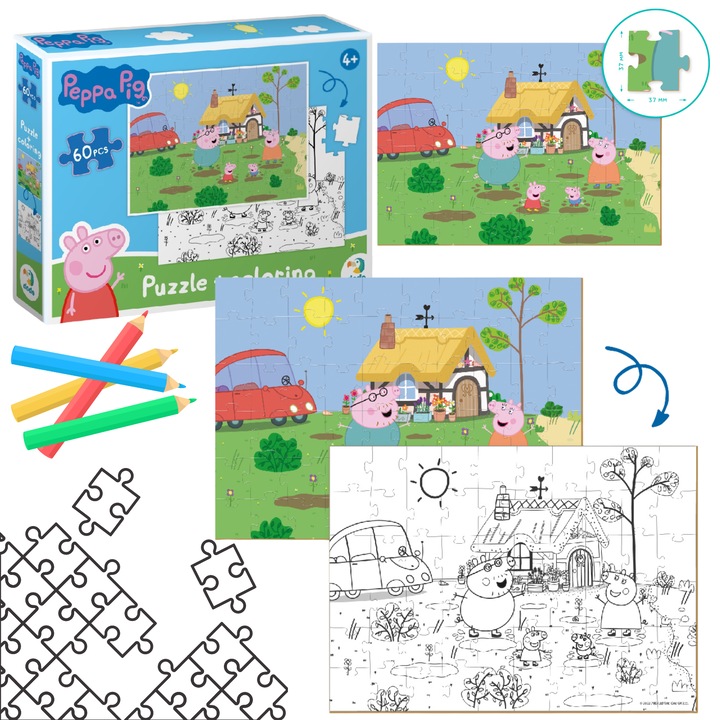 Puzzle 2w1 DODO Swinka Peppa, 60 elemente, colorat, 18x24x4cm