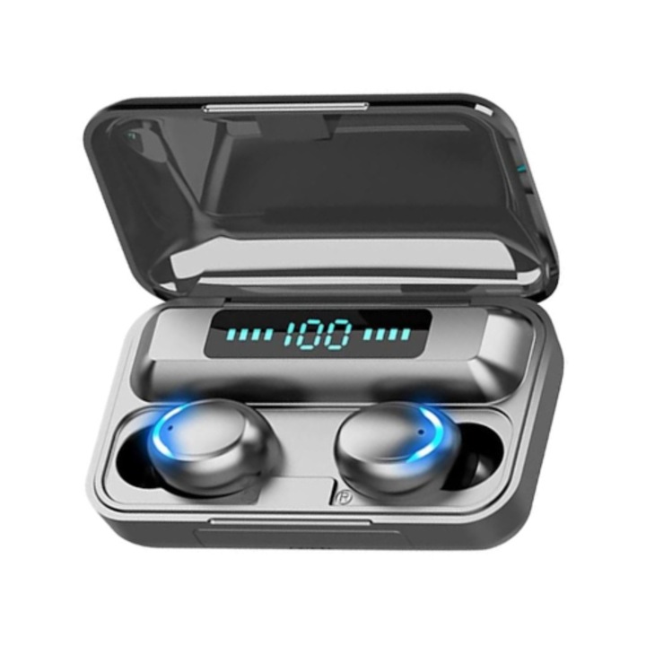 Vezeték nélküli fülhallgató R2 Invest F9+ 2000mAh töltőtokkal, Bluetooth 5.0, zajcsökkentés, IPX4, fekete