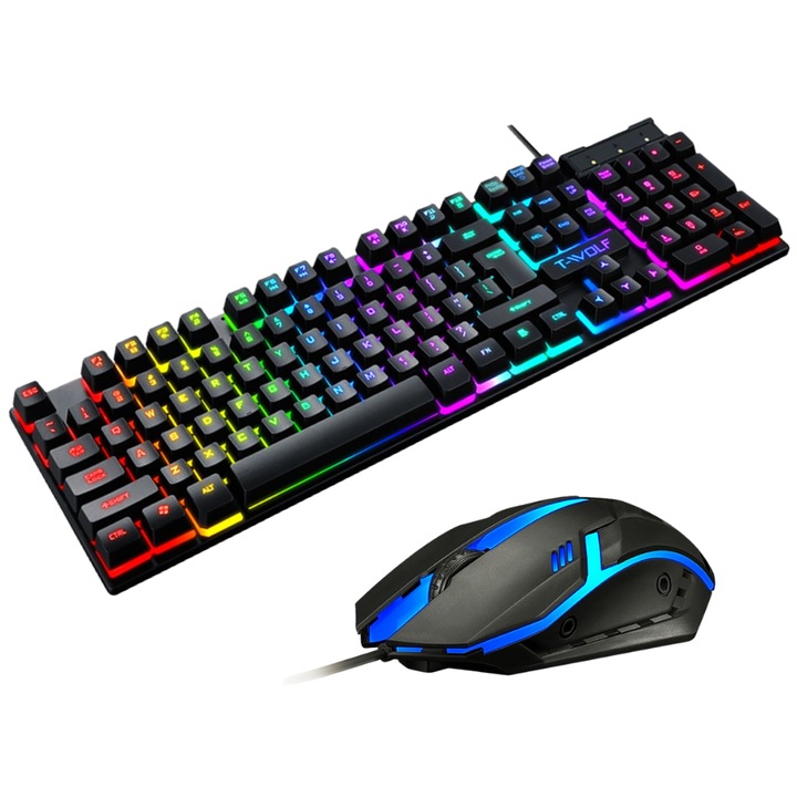 Set tastatura membrana cu iluminare si mouse gaming R2 Invest, negru, 44x13cm